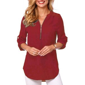 Utigh-Chemisier Pour Femme Avec Col En V Chemises Chic Elégant T-Shirt À Manches Longues Blouses Blanche 3/4 Tunique Manches Enroulables Hauts Décontractés - Neuf