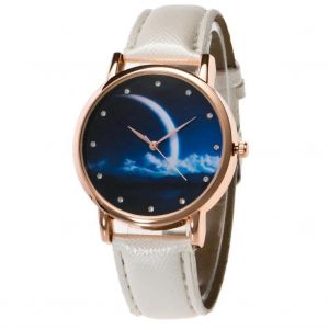 Zhoulianfa Strass Nuit Lune Motif Cadran Cristal Grain Pu Bracelet Cuir Montre (Blanc) - Neuf