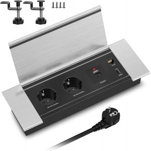 Prise Encastrable Plan de Travail Cuisine USB C PD20W, Aluminium Multiprise Electrique Encastrable, Bloc Prise Encastrable 2 Prises, USB-A, HDMI e RJ45, 2400W/10A, 2M C&acirc;ble - Neuf