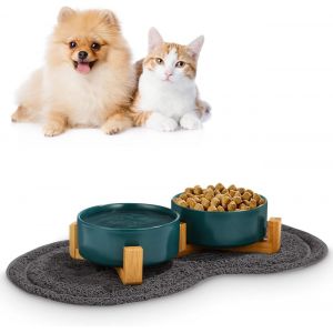 Kalanka-Gamelle Chat Sureleve 2x400ml Ceramique Bol Avce Support Tapis Antidérapant Pour Chien (Vert - Neuf