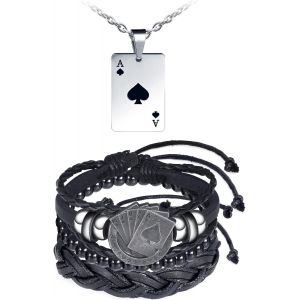 Kal-Bracelet Et Collier Ace Carte Poker, Collier Poker Carte &Agrave; Jouer Bracelet Pour Homme, Chaine Pendentif Poker Et 3 Pi&egrave;ces Empilables Noir Cuir Tress&eacute; Homme Bracelet Bijoux Pour Gar&ccedil;ons - Neuf
