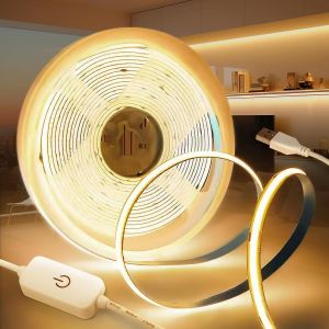 Ruban Led Cob Usb 5v,5m Blanc Chaud 3000k Bande Led Dimmable Bandeau Largeur 8mm Autocollant Lumineuse 320led/M Flexible Luminescence Bande Pour Chambre,Tv Rétroéclairage,Armoire Décoration - Neuf