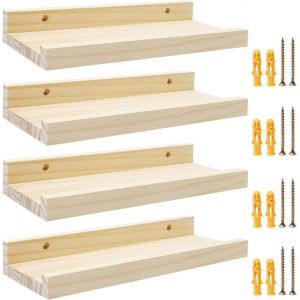 Cmwx-Lot De 4 Étagère Murale Bois 30 × 12 × 4 Cm Etagères Flottantes Form De U Avec Bord De Protection Tablette Bois Murale Avec Vis Et Tubes D'expansion Pour Salon Chambre Salle De Bain Décoration - Neuf