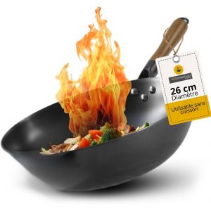 Subzonal-Wok En Acier Au Carbone &Oslash; 26 Cm &iquest; Fond Plat Et Poign&eacute;e En Bois &iquest; Utilisable Sur Gaz, Induction Et Vitroc&eacute;ramique &iquest; Pr&ecirc;t &Agrave; L&iquest;Emploi, Sans Culottage - Neuf