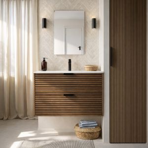 Meuble Salle de Bain Crant&eacute; Bois et Noir 80cm 2 Tiroirs - Vasque et Miroir - MALO - Neuf