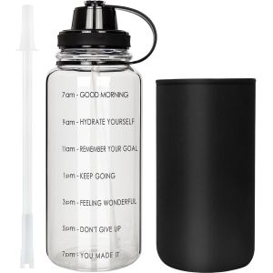2l Bouteille D'eau En Verre Avec Paille 2 Litres Grosse Gourde Verre Borosilicaté Avec Marqueur De Temps De Motivation Sans Bpa - Neuf