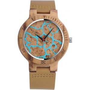 Eryi-Montre En Bois Original Homme, Avec Sangle En Cuir Pleine, Le Bois De Bambou Montre Bracelet, Montre À Quartz Avec Motif De Feuille, Marron Et Noir - Neuf