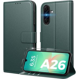 CAUC-Coque pour Samsung Galaxy A26 5G[ Verre Tremp&eacute; Protection *1 ] [ Blocage du Signal RFID ] [ Premium PU ] [ Pochette de Portefeuille ] Etui &agrave; Rabat pour Samsung Galaxy A26-Vert - Neuf