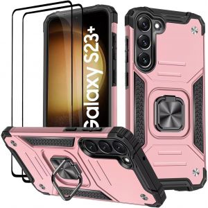 Kal-Coque Pour Samsung Galaxy S23 Plus / S23+, Verre Trempé [2 Pièces] + Housse Tpu Silicone Rotation 360° Aimant Anneau Support Double Défense Protection Etui - Or Rose - Neuf