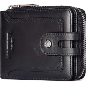 CMJAAGUR-Portefeuille Pour Homme En Cuir V&eacute;ritable Avec Blocage Rfid Et Fen&ecirc;tre Pour Carte D'Identit&eacute;, Moraillon Et Poche Zipp&eacute;e Pour Pi&egrave;ces De Monnaie, Noir , Moderne[M1279] - Neuf
