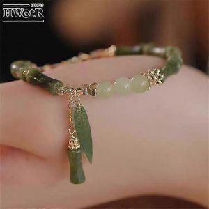 1pcs Fait À La Main Vert Couleur Pierre Naturelle Bambou Joint Feuilles Pompon Perles Brin Bracelet Perlé Pour Femmes Accessoires - Neuf