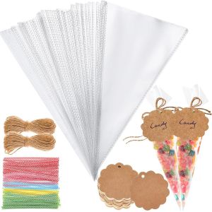 100 Pièces Sachets Transparents pour Bonbons, 25x13 cm Sachets Biscuits Sachet Cellophane Transparent avec Etiquette Cadeau pour Anniversaire Mariage Baptême Communion Noël - Neuf