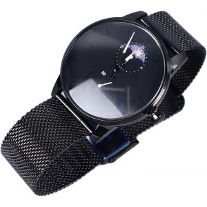 Montre &Agrave; Quartz Phase De Lune Pour Hommes,Montre Minimaliste Noire &Eacute;l&eacute;gante En Maille D'acier Inoxydable &Eacute;tanche Pour Diverses Occasions - Neuf