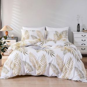 Set Housse De Couette 220x160 Cm 2 Personnes Et 2 X Taies D'oreiller 50x75 Cm 100% Microfibre Parure De Linge De Lit Motif Feuilles Tropicales Dorées Botanique Avec Fermeture Éclair, Or Blanc - Neuf