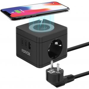 Multiprise Cube Chargeur sans Fil 10W Tour Multiprise 2 AC Prises avec 2 USB-C et 1 USB-A Prise Electrique avec Interrupteur Qi Prise Parafoudre pour la Maison et Le Bureau Cable 1,5m - Neuf