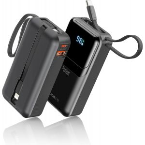 Checarzhn--No1-Batterie Externe 10000mah, Pd 30w Usb C Power Bank Charge Rapide Câble Intégré, Chargeur Portable Powerbank Grande Capacité Avec 4 Sorties Pour Iphone 16 15 14 13 12 Pro , Samsung, Macbook, - Neuf