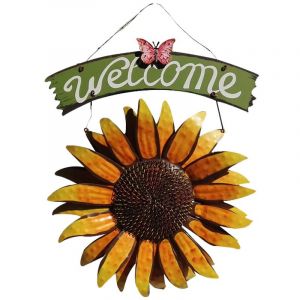 Panneau de bienvenue vintage en métal, motif papillon et tournesol, décoration de porte d'entrée, couronne extérieure suspendue, décoration de porte, porche, bar, café, magasin, 38,5 x 30 cm - Neuf