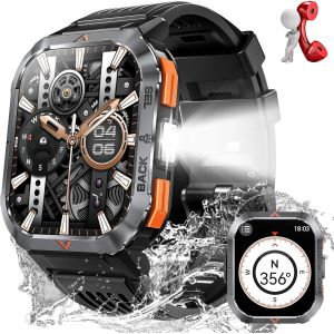 Montre Connectée Militaire Pour Homme Avec Lampe De Poche,Étanche Jusqu'à 3 Atm,Moniteur D'activité De 2,02 Pouces,Boussole,Batterie De 400 Mah,Moniteur De Fréquence Cardiaque (Noir Profond) - Neuf