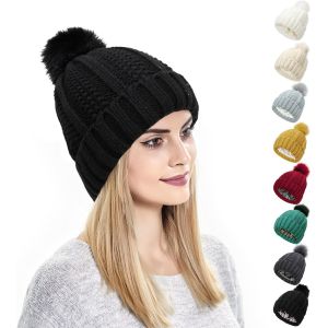 Jexnovashop-Bonnet D'hiver Pour Femme Bonnet Tricot&eacute; Avec Pompon Bonnet Doubl&eacute; En Satin De Soie Bonnet Chaud De Couleur Unie Pour Femmes Filles - Neuf