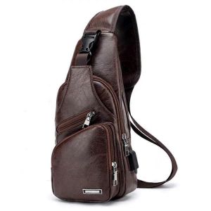 Sac de poitrine pour hommes avec port de charge Sac USB R&eacute;tro Pu Cuir Vintage Sac d'affaires Pochette pour Sport Fonc&eacute; - Neuf