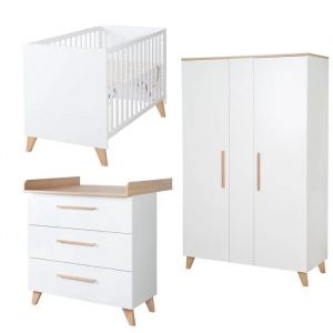 Chambre B&eacute;b&eacute; Compl&egrave;te Roba - Leon - Lit 60x120 Transformable En Cododo + Commode &Agrave; Langer + Armoire 2 Portes - Blanc - Ch&ecirc;ne - Neuf