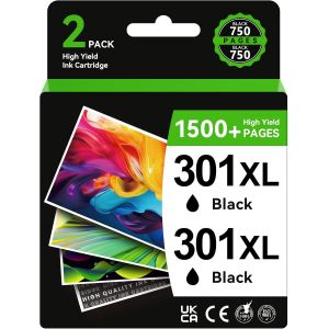 Cartouche 301 Noir,Encre 301 XL Noir Remplacement pour HP 301 Pack de 2 Cartouches,Encre Imprimante 301XL pour DeskJet 3050 1050 J410 2544 Envy 4500 4504 OfficeJet 2620 4630 4632 4634 - Neuf
