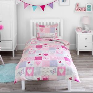 Tianyi-- Housse De Couette 140x200 Enfant - C?urs Et Papillons - Imprimé Pois Rose Et Lilas U2013 Parure De Lit Enfant Réversible Avec Taie D`Oreiller Pour Filles - 1 Personne - Neuf