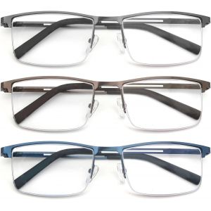 3 Paire De Lunettes De Lecture 1.5 Homme Anti Lumiere Bleue - Monture Rectangle En Metal Acier Inoxydable Lunettes De Vue Lunettes Loupe Noir-Gris-Bleu - Neuf