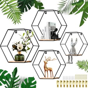 Étagères Murales Hexagonales - Lot De 3 Avec Socle En Bois Et Metal Noir - Design Industriel Pour Petite Etagère - Neuf