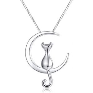 Collier Chat Argent 925,Pendentif En Forme De Croissant De Lune Et Chat,Bijoux Pour Femmes Avec Collier En Argent Sterling - Neuf
