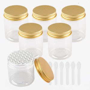 6 Pi&egrave;ces Vides Petit 80 ml Transparent Cosm&eacute;tique Pot en Plastique avec Couvercle Or 80 g Pots de Cosm&eacute;tique Cr&egrave;me de Bouteille Contenant avec 6x Spatules - Neuf