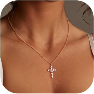 Kal-Collier Croix Femme Or Argent Or Rose, Colliers Croix Or 14k, Collier Croix Avec Zircon Cubique, Collier Croix Latérale, Collier Ras Du Cou Avec Croix Pour Femme Fille Bijoux Cadeau - Neuf