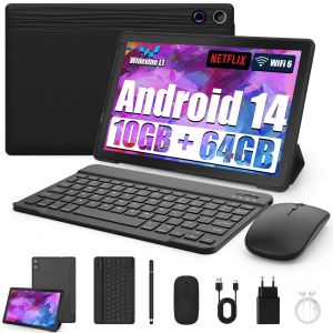 Tablet 10 Inch 8-in-1 Kit Android 14 Tablet PC with Case Keyboard Mouse Pen Headphones Power Plug Cable Octa-Core 10GB RAM 64GB ROM/1TB TF 1280x800 IPS HD Touchscreen 5000mAh Battery Widevine L1 - Neuf
