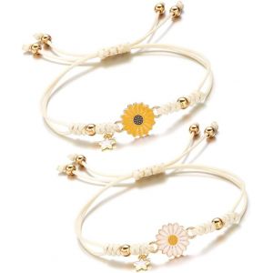 Lot De 2 Bracelets En Corde Tress&eacute;e,Bracelet Marguerite Fait Main,Bracelet D'amiti&eacute; Avec D&eacute;coration &Eacute;toil&eacute;e,Bracelet R&eacute;glable,Cadeau Bijou (Corde Blanche) (Blanc + Jaune) - Neuf