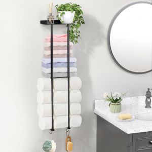 CAUC-80cm Porte-Serviettes de Salle de Bain Mural, Support Serviettes de Bain avec 4 Crochets, &Eacute;tag&egrave;re de Rangement Porte-Serviettes &agrave; 2 Niveaux pour Salle de Bains et Toilettes en Suite, Noir - Neuf