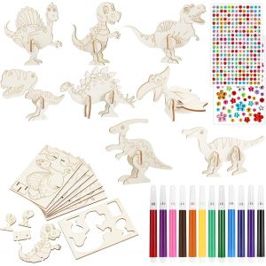 KALANKA-16 pièces Kit de Bricolage en Bois 3D Puzzle Dinosaure à Peindre pour Enfants dès 4 ans, avec 12 Crayons Aquarelle et 2 Autocollants de Pierres Précieuses pour Anniversaire, DIY - Neuf