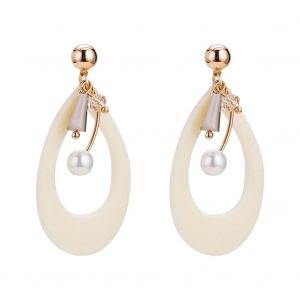 Boucles D'oreilles Geometriques En Fausses Perles Creuses Pour Femme, Longues Et Tendance (Beige) - Neuf