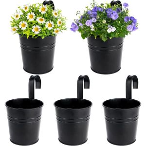 ERYI-Lot De 5 Pots De Fleurs À Suspendre 10Cm En Métal Noir Avec Crochet Amovible Panier À Planter Trou De Drainage Pour Jardin Balcon Terrasse Clôture (5Pcs,Noir, 10Cm) - Neuf