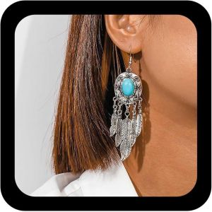 Kalhx-Boucles D'oreilles Boho Turquoise Feuille En Goutte D'eau Boucles D'oreilles Tribal Plume &Agrave; Pompon Boucles D'oreilles Crochet Feuille Turquoise Vintage Boucles D'oreilles Ethniques - Neuf