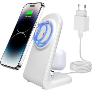 Mag-Safe Station De Charge Inductive 2 En 1 Pour Iphone 16/15/14/13/12, Airpods Pro 2, Chargeur Magnétique Sans Fil Pour Samsung Galaxy S25/S24/S23/S22/S21/S20, Google Pixel 9/8/7 - Neuf
