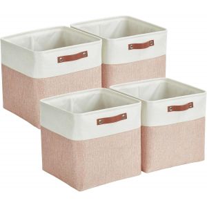 Lot De 4 Paniers De Rangement Pliables En Lin Tissé Avec Poignées En Cuir-25 Cm-Rose Et Blanc - Neuf