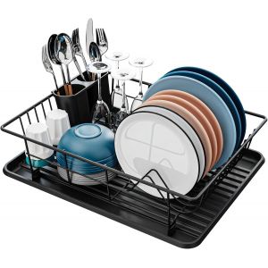 Mevronisshop-Gouttoir &Agrave; Vaisselle Noir Avec Support &Agrave; Couverts Et Bac D'&eacute;gouttement En Plastique Pour L'&eacute;gouttoir - Neuf