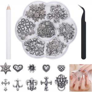 Kal-Pcs Breloques Pour Ongles 3d, 10 Styles Différents Bijoux Ongles Nail Art En Métal Chromé, Décorations D'ongles Avec Pince À Épiler Et Pic En Strass, Nail Charms De Style Vintage - Neuf