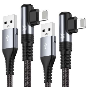 Thef-Câble Iphone,Coudé 90 Degrés [1m+2m/Lot De 2] Cable Chargeur Iphone Nylon Tressé Câble Charge Rapide Pour Iphone 14/13/12/11/Pro/X/Xs/Xr/8/8 Plus/7/7 Plus/6s/6s Plus/6/6 Plus - Neuf