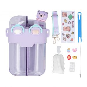 Bouteille D'eau Mignonne 780 Ml, Double Usage, Anti-Fuite, Style Kawaii, Avec Paille, Sangle Reglable, Autocollant, Violet - Neuf