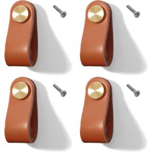 YUJTG-Lot de 4 Poignées de Meubles de Porte de Placard en Cuir et Laiton Riveté (Marron Clair, Trou Unique) - Neuf