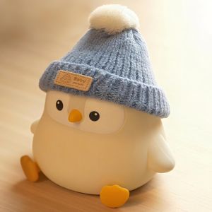 Veilleuse Enfant Pingouin Avec Bonnet Tricot&eacute; Bleu, Veilleuse B&eacute;b&eacute;, Rechargeable/&Agrave; Intensit&eacute; Variable, Avec Fonction Interrupteur Tactile,Veilleuse Led En Silicone - Neuf