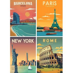 Ayuhr-Lot De 4 Posters De Peinture Diamant Ville 30 X 40 Cm Peinture Diamant Vintage Poster Diamond Painting Paysage Poster De Voyage Peinture Diamant Art Broderie Point De Croix Images Cadeau - Neuf