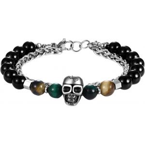Eryi-Bracelet Homme De Perles Réglable En Obsidienne: Bracelet De Perles Réglable Avec Pendentif Tête De Mort Multicouche En Acier Inoxydable - Neuf
