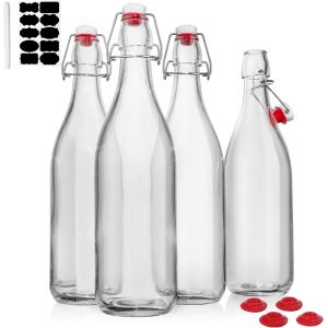 Checarzhn--No1-Lot De 4 Bouteilles En Verre Transparent Avec Couvercles Hermétiques, Bouteilles À Bouchon Facile Pour Bière Et Bras Maison, 946 Ml, Bouteilles En Verre Avec Bouchon Basculant Pour - Neuf
